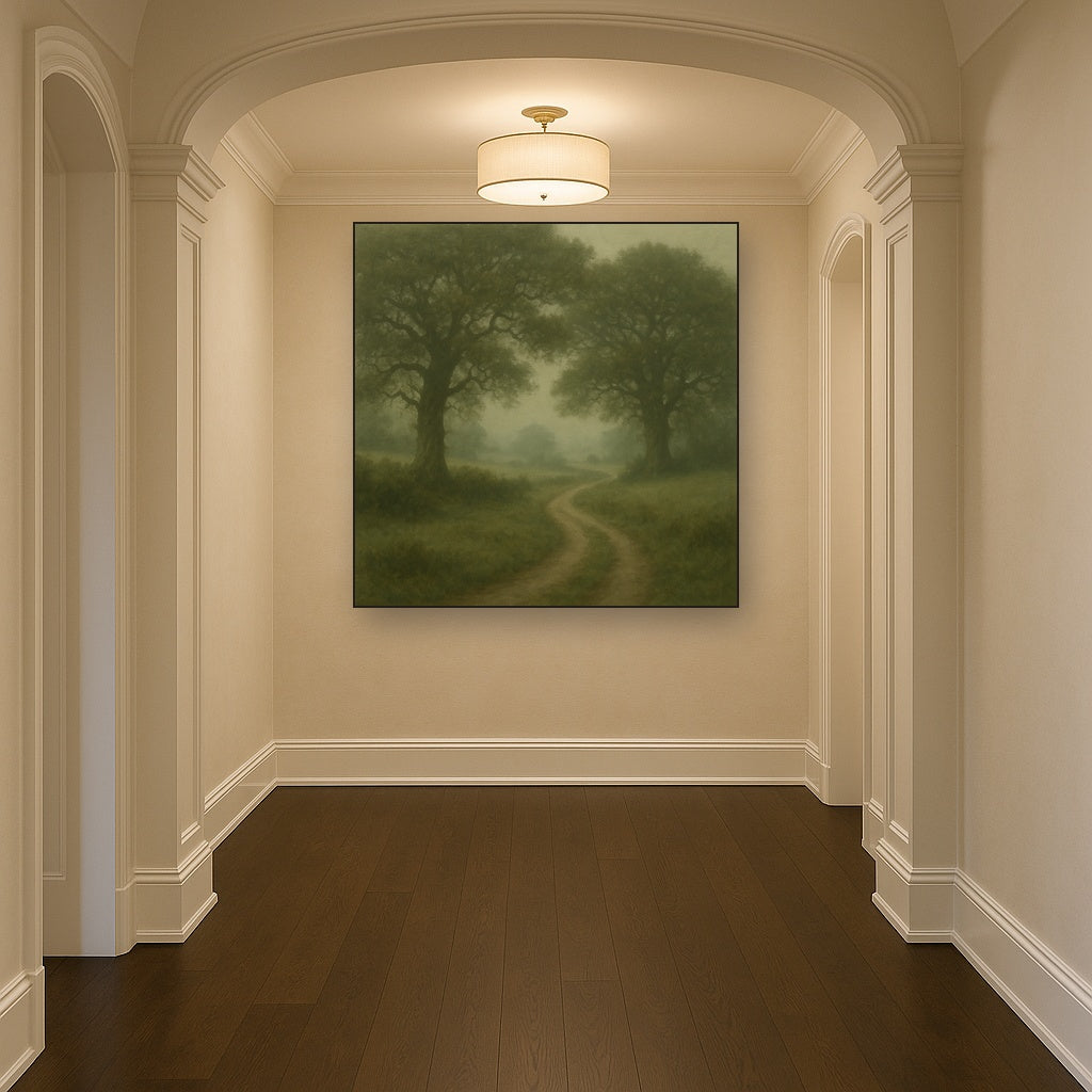 Misty English Countryside Lane No. 10 Oil Painting Staged in Bright Entryway and Hallway Gallery Wall, Hand Painted Fine Art on Linen