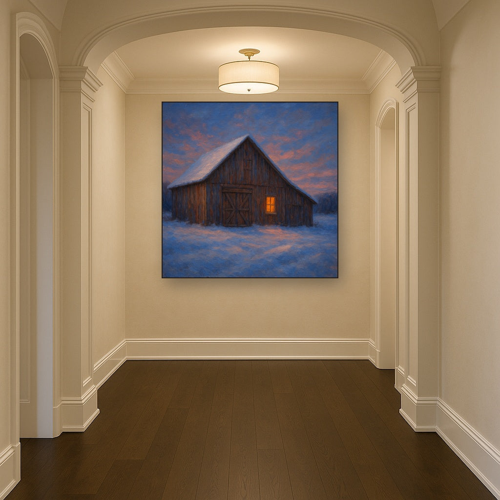Rustic Wooden Barn in Quiet Winter Twilight No. 4 Fine Art Oil Painting - View 5