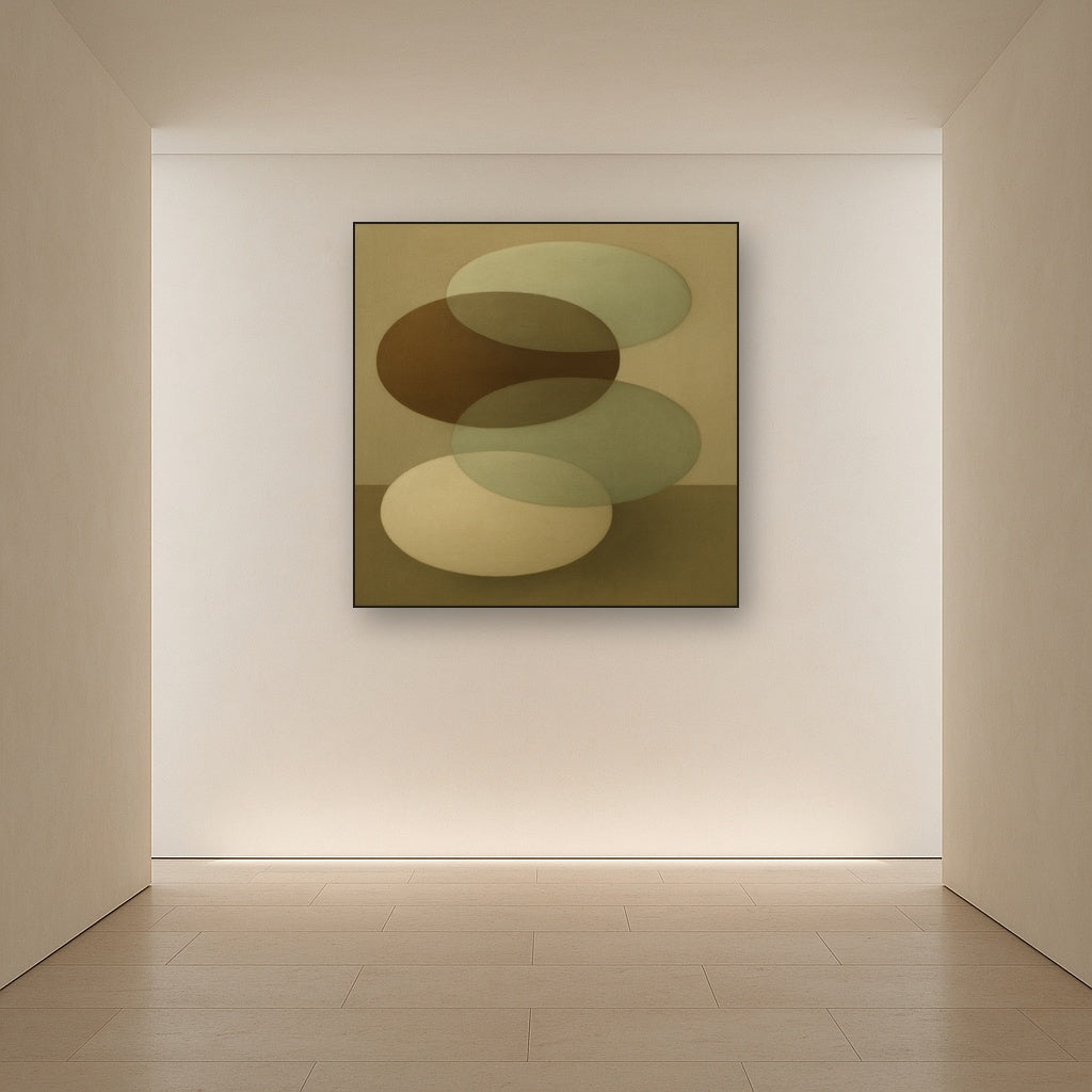 Floating Ellipse Harmony in Walnut & Pale Sage No. 16 Oil Painting Staged in Bright Entryway and Hallway Gallery Wall, Hand Painted Fine Art on Linen