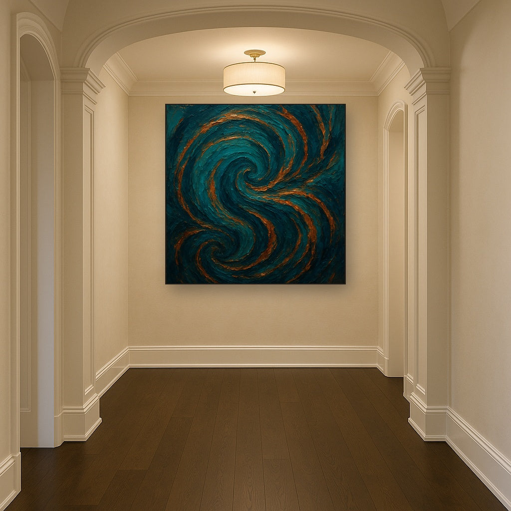 Peacock Teal & Liquid Copper Swirl No. 3 Oil Painting - Styled in Entryway Hallway