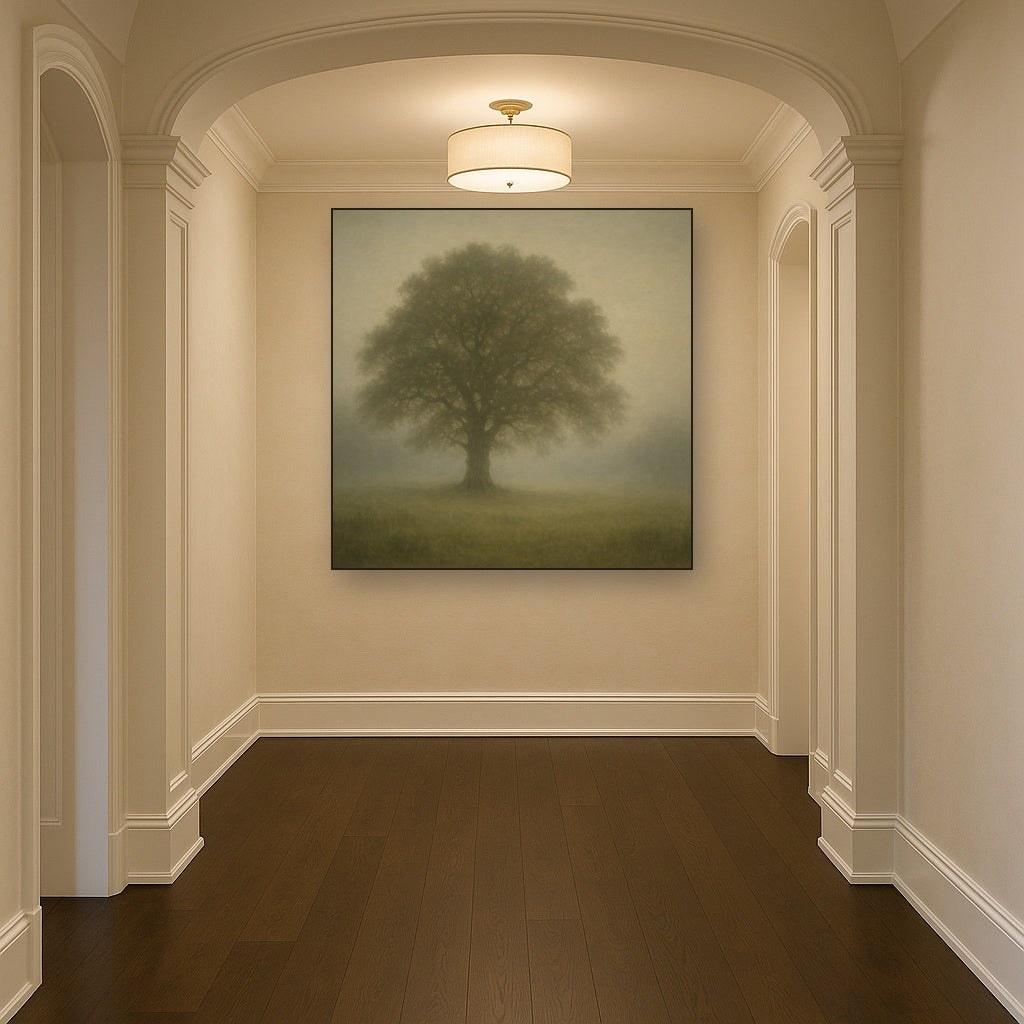 Ancient Solitary Oak in Morning Fog No. 9 Oil Painting - View 5