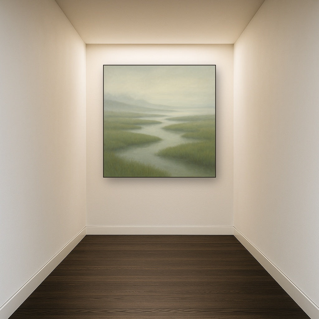 Morning Fog over Cape Cod Tidal Marsh No. 19 Oil Painting Staged in Bright Entryway and Hallway Gallery Wall, Hand Painted Fine Art on Linen