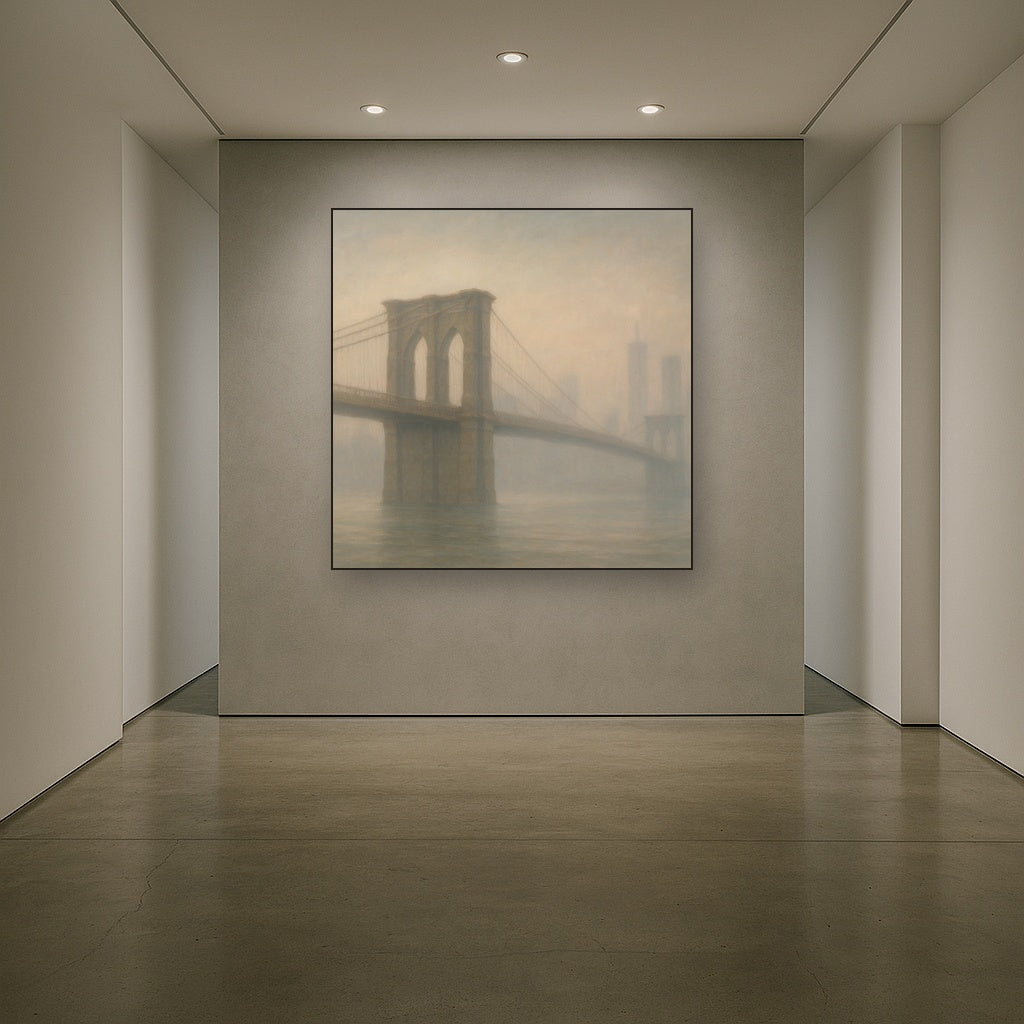 Brooklyn Bridge in Morning River Mist No. 30 Oil Painting Staged in Bright Entryway and Hallway Gallery Wall, Hand Painted Fine Art on Linen