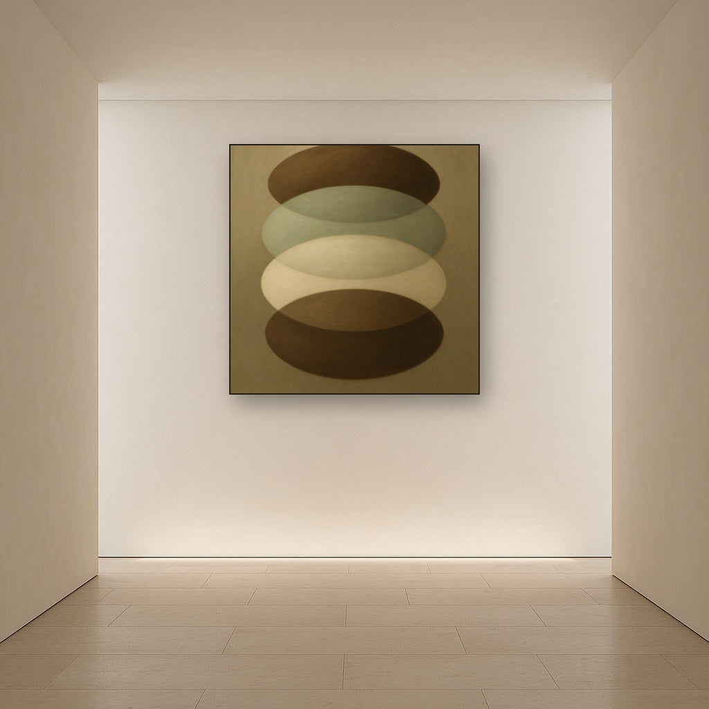 Floating Ellipse Harmony in Walnut & Pale Sage No. 5 Oil Painting Staged in Bright Entryway and Hallway Gallery Wall, Hand Painted Fine Art on Linen