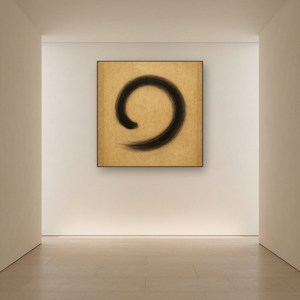 Aged Rice Paper & Charcoal Calligraphic Balance No. 3 Oil Painting Staged in Bright Entryway and Hallway Gallery Wall, Hand Painted Fine Art on Linen