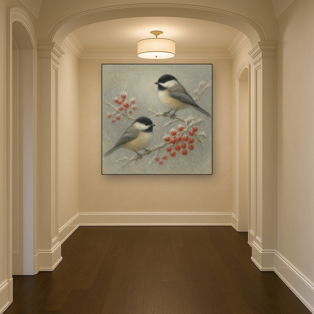 Winter Birds on Frosty Red Berry Branch No. 9 Oil Painting Staged in Bright Entryway and Hallway Gallery Wall, Hand Painted Fine Art on Linen