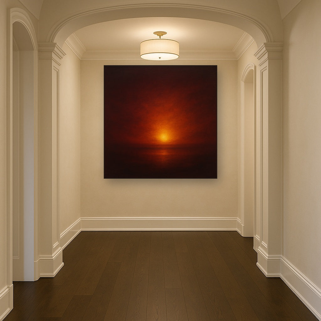 Deep Garnet & Amber Candlelight Horizon No. 4 Oil Painting Staged in Bright Entryway and Hallway Gallery Wall, Hand Painted Fine Art on Linen