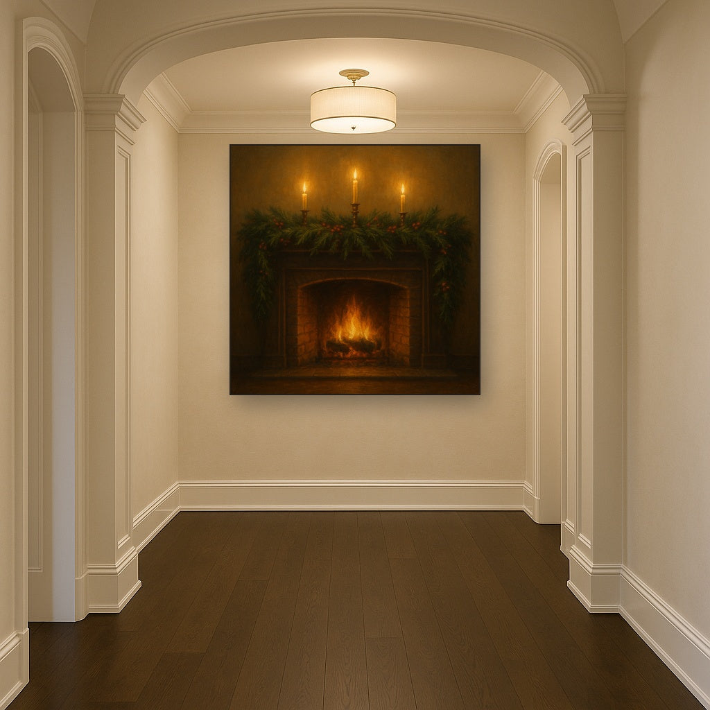 Vintage Fireside Hearth & Cedar Garlands No. 3 Oil Painting - View 5