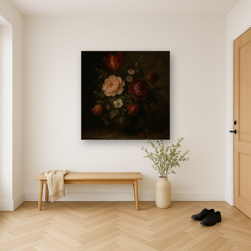 Dutch Golden Age Moody Floral Still Life No. 4 Oil Painting - Styled in Entryway Hallway