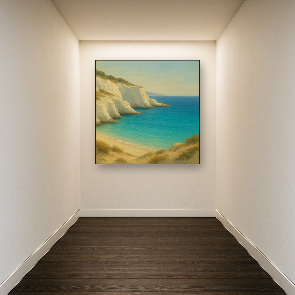 Mediterranean White Cliffs & Turquoise Cove No. 11 Oil Painting Staged in Bright Entryway and Hallway Gallery Wall, Hand Painted Fine Art on Linen