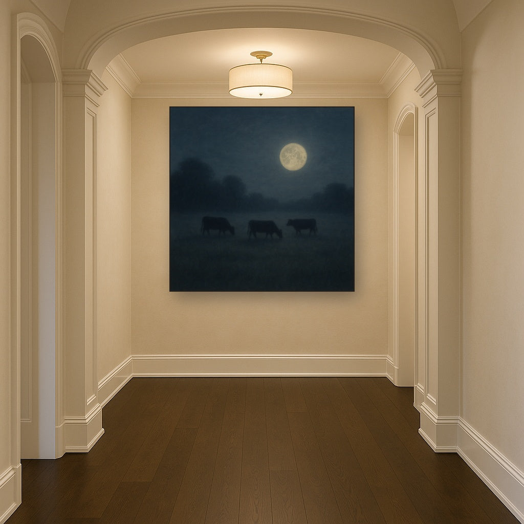 Moonlit Pastoral Meadow & Cattle Silhouettes No. 8 Oil Painting - View 5