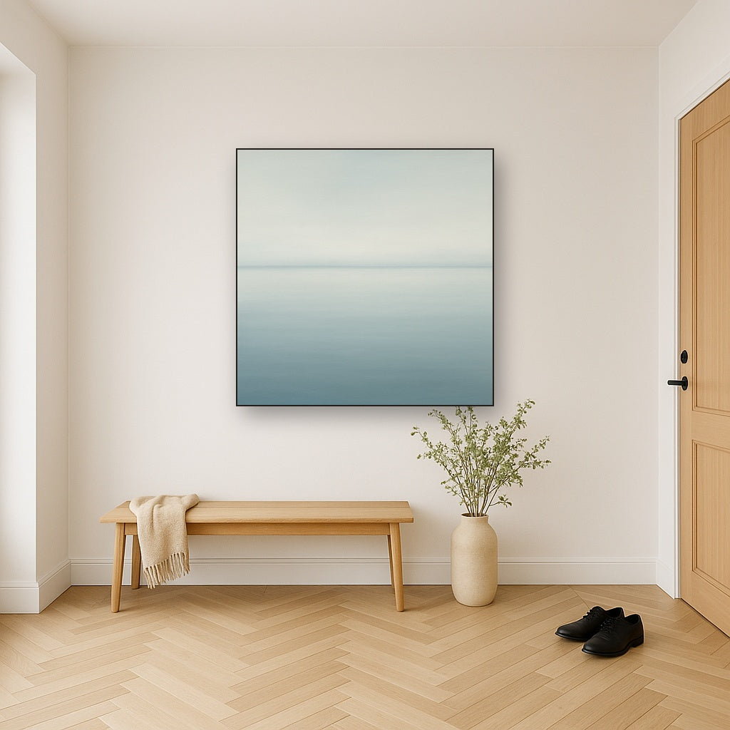 Glass Horizon over Quiet Arctic Waters No. 23 Oil Painting Staged in Bright Entryway and Hallway Gallery Wall, Hand Painted Fine Art on Linen