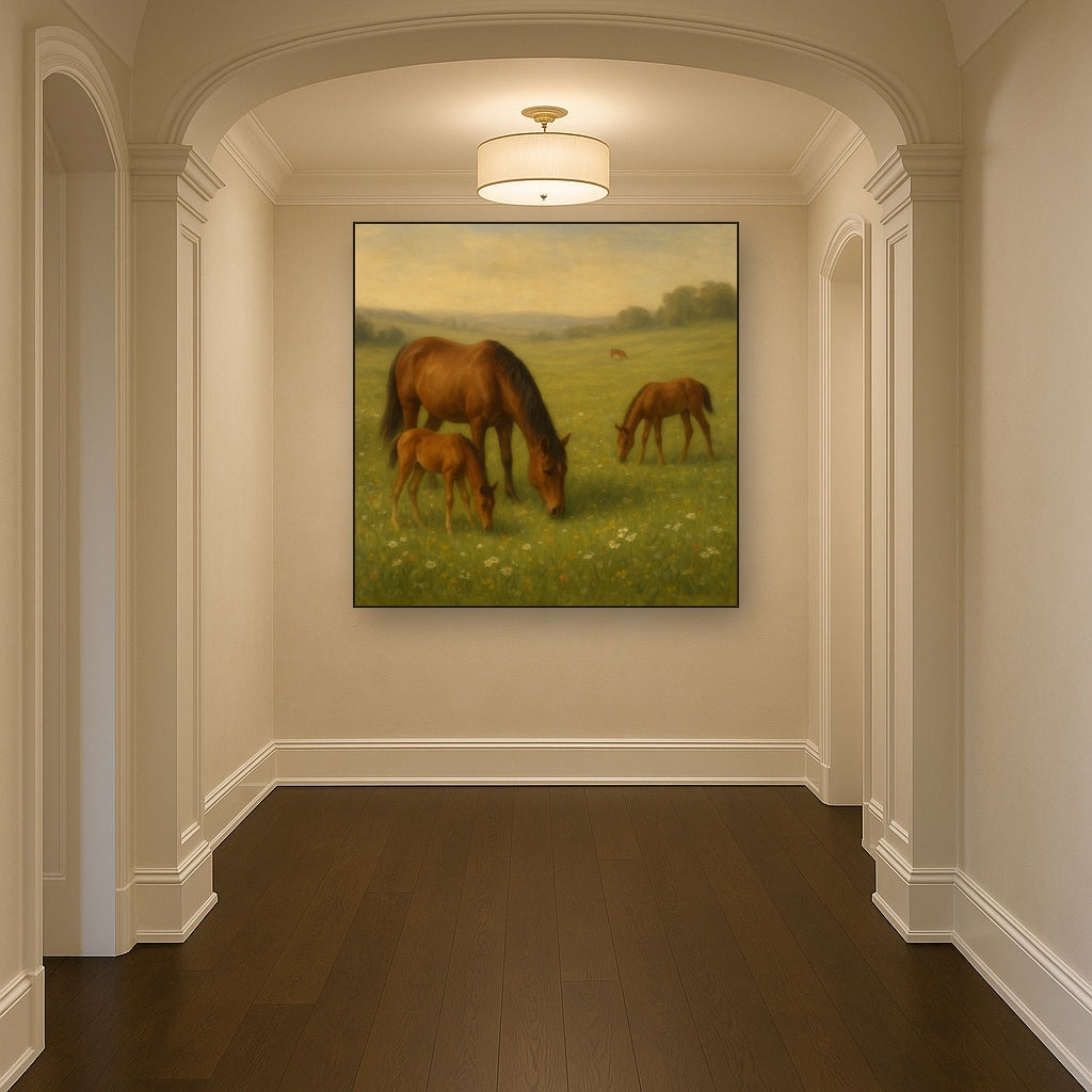 Mares & Foals Grazing in Rolling Meadow No. 9 Oil Painting - View 5