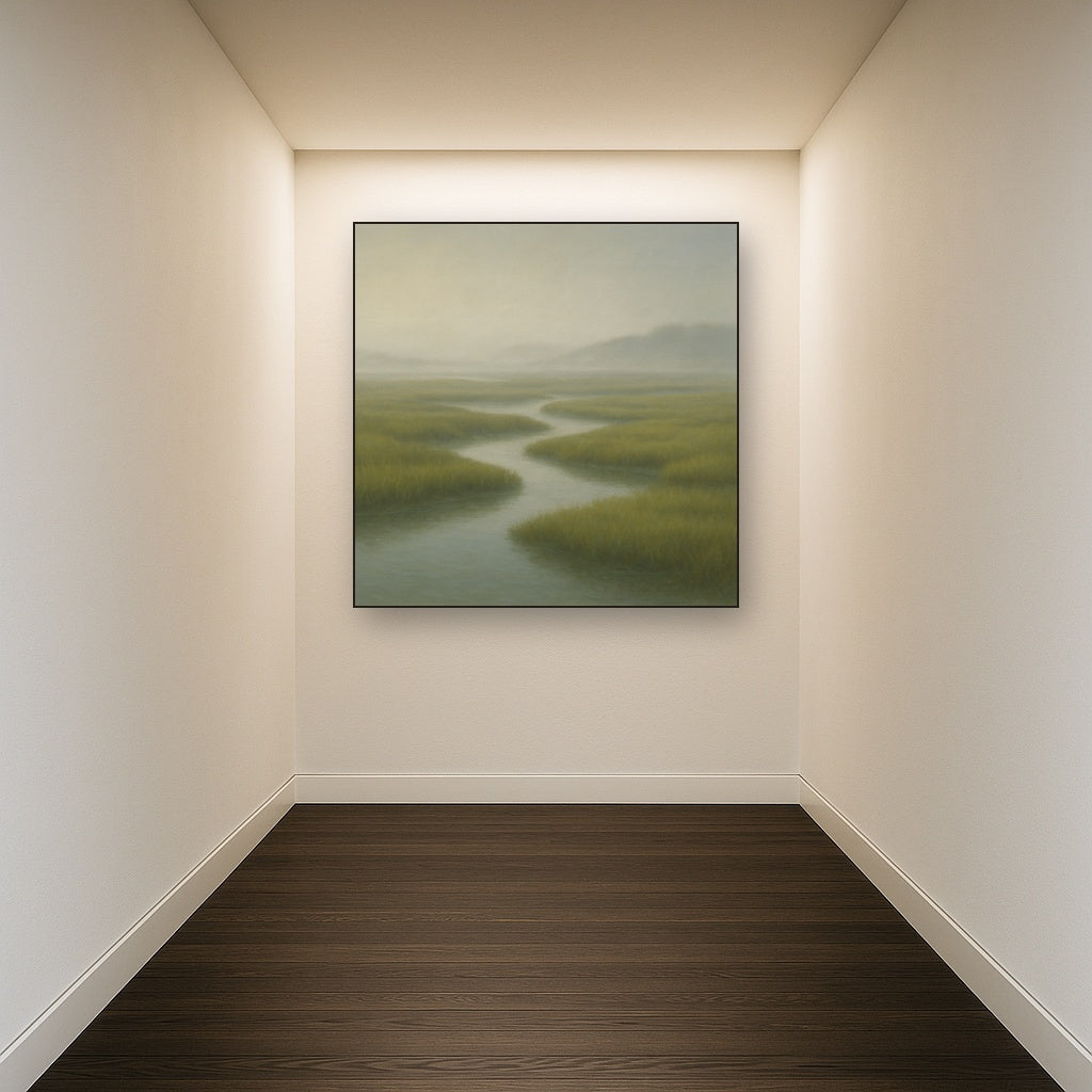 Morning Fog over Cape Cod Tidal Marsh No. 2 Oil Painting Staged in Bright Entryway and Hallway Gallery Wall, Hand Painted Fine Art on Linen