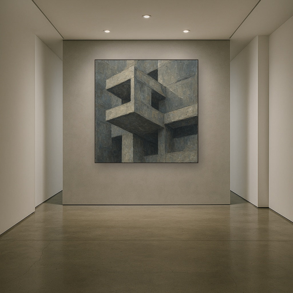 Brutalist Cantilevered Balcony Study Oil Painting - Styled in Entryway Hallway