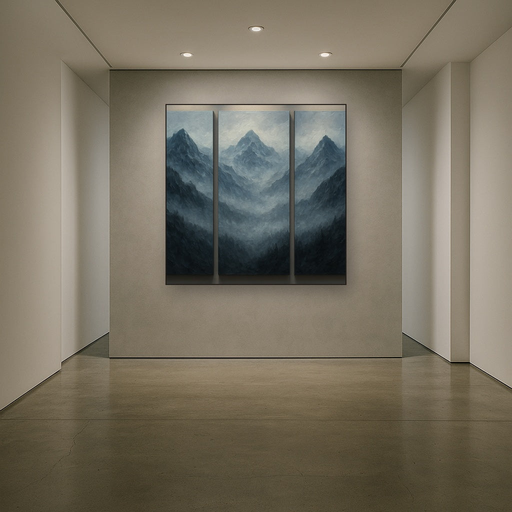 Alpine Mist Triptych Masterpiece No. 3 Oil Painting - Styled in Entryway Hallway