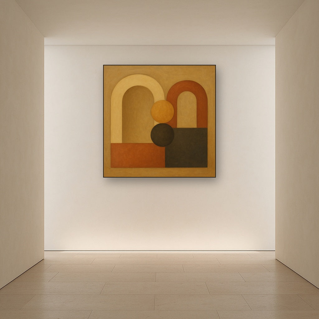 Arch & Circle Equilibrium in Warm Earth Tones No. 12 Oil Painting Staged in Bright Entryway and Hallway Gallery Wall, Hand Painted Fine Art on Linen