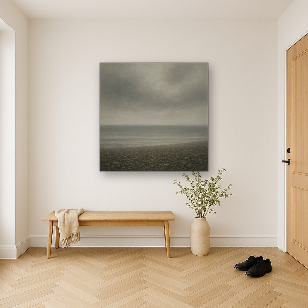 Overcast Coastal Fog & Wet Pebble Shingle No. 23 Oil Painting Staged in Bright Entryway and Hallway Gallery Wall, Hand Painted Fine Art on Linen