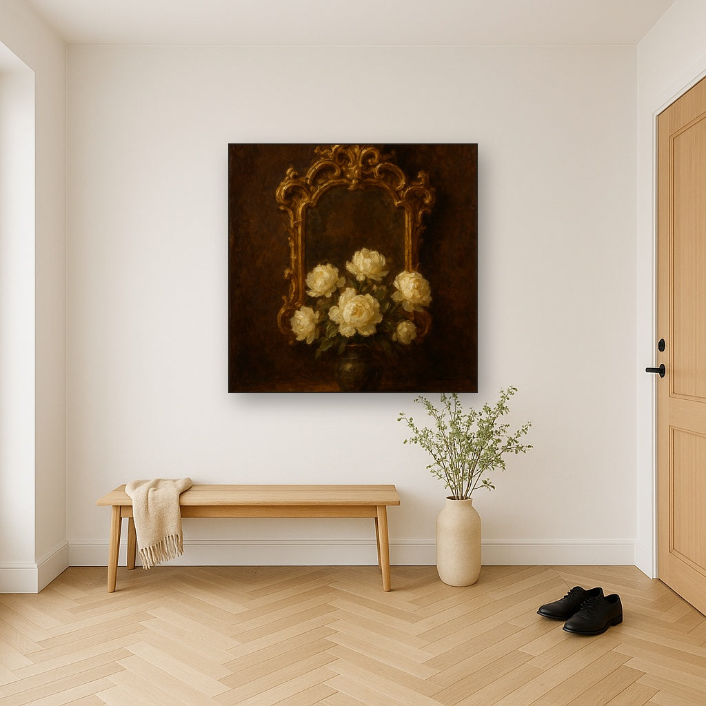 Baroque Gilded Mirror & Peonies No. 2 Oil Painting - Styled in Entryway Hallway
