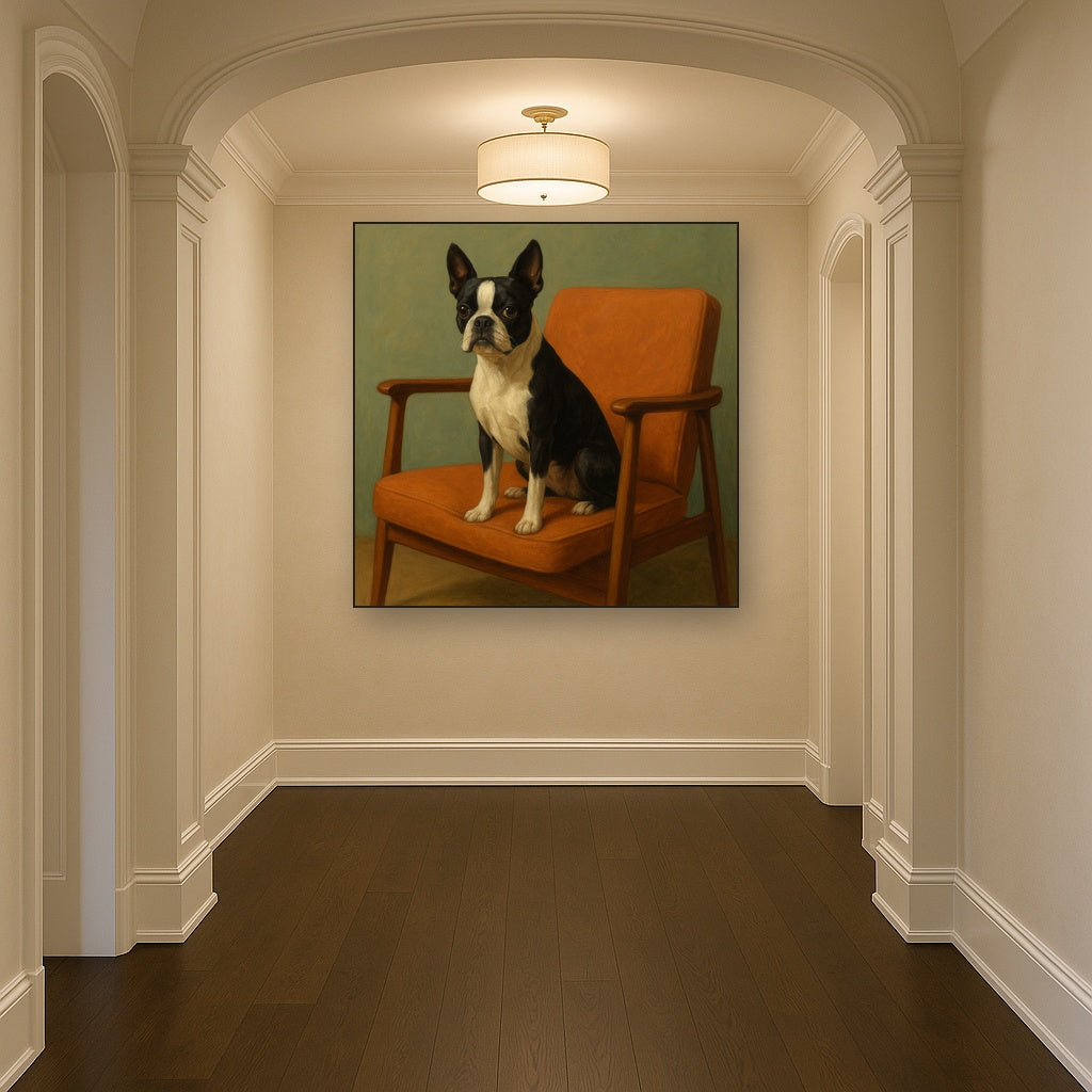 Boston Terrier in Warm Mid-Century Armchair No. 4 Fine Art Oil Painting - View 5