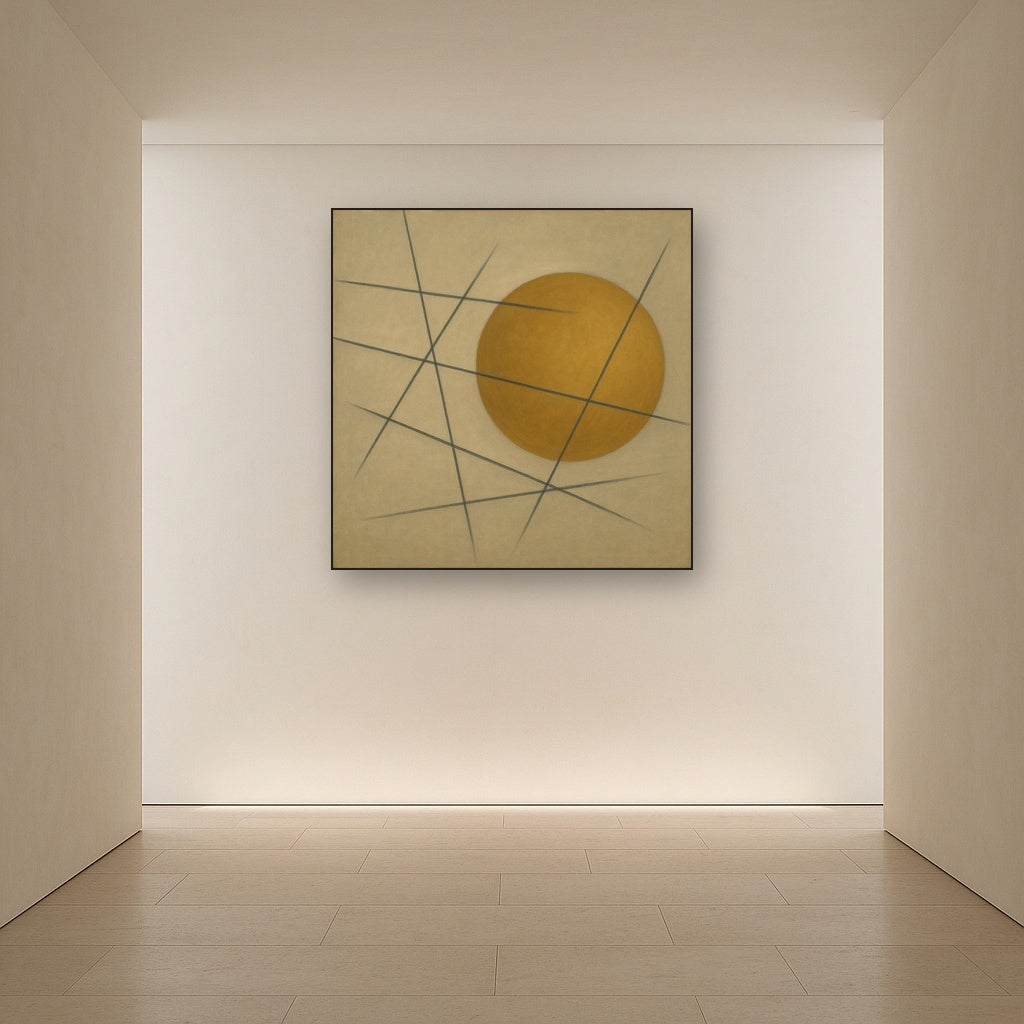 Abstract Tangent Lines & Earthy Ochre Disc Oil Painting Staged in Bright Entryway and Hallway Gallery Wall, Hand Painted Fine Art on Linen