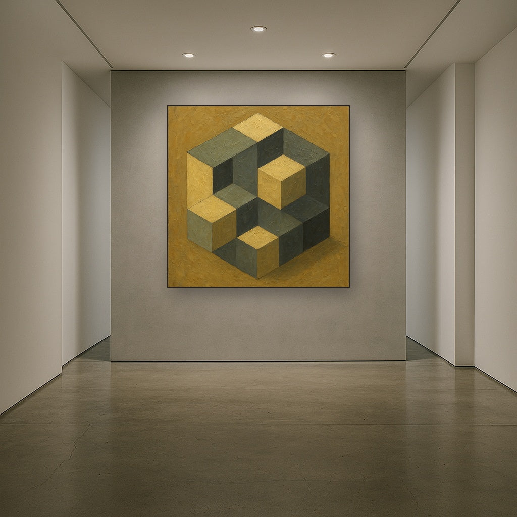 Isometric Modernist Cube Abstraction No. 5 Oil Painting - Styled in Entryway Hallway