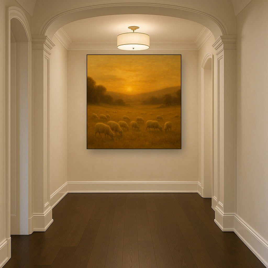 Sunset Grazing Flock in Golden Valley No. 8 Oil Painting Staged in Bright Entryway and Hallway Gallery Wall, Hand Painted Fine Art on Linen
