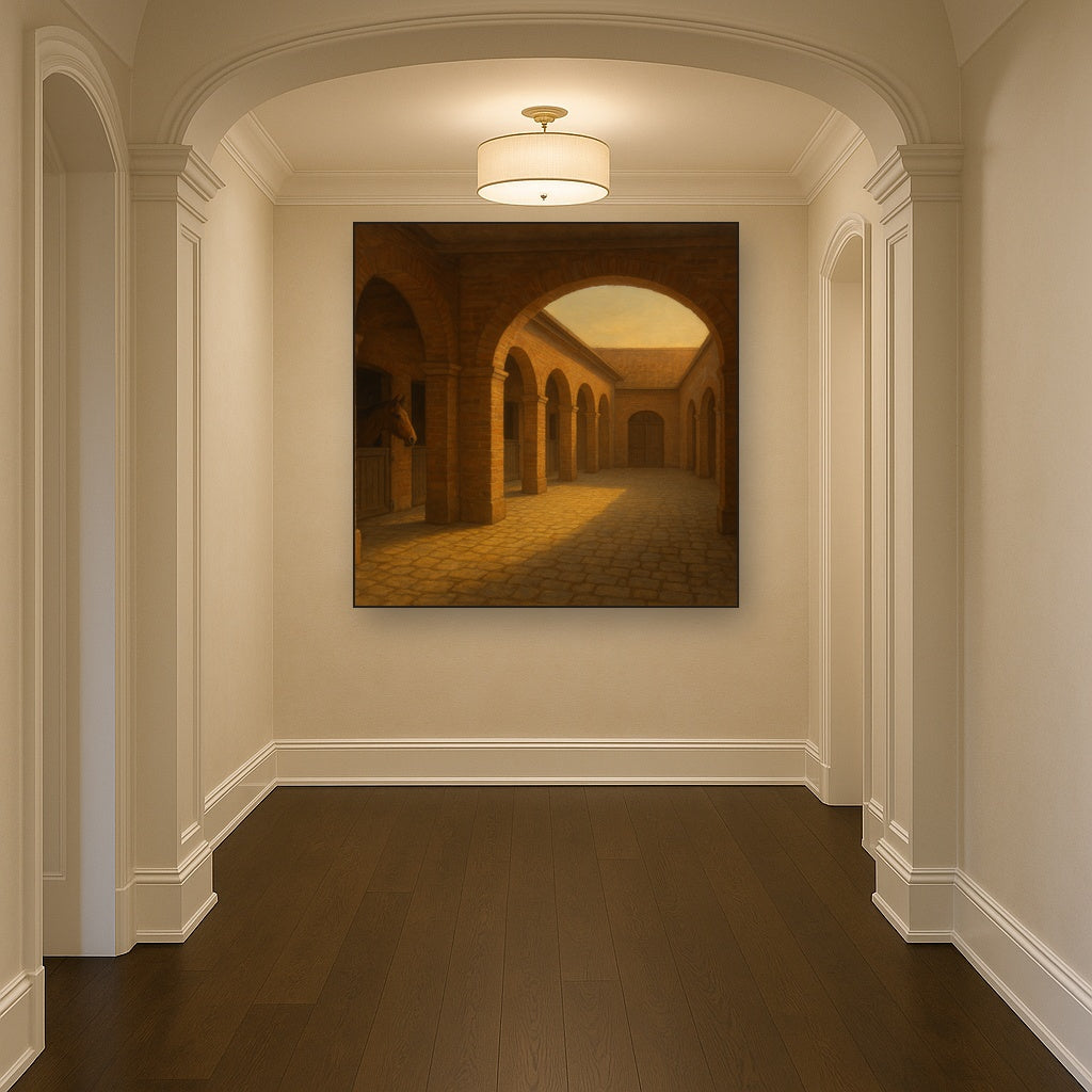 Equestrian Stable Courtyard in Late Afternoon No. 6 Oil Painting Staged in Bright Entryway and Hallway Gallery Wall, Hand Painted Fine Art on Linen