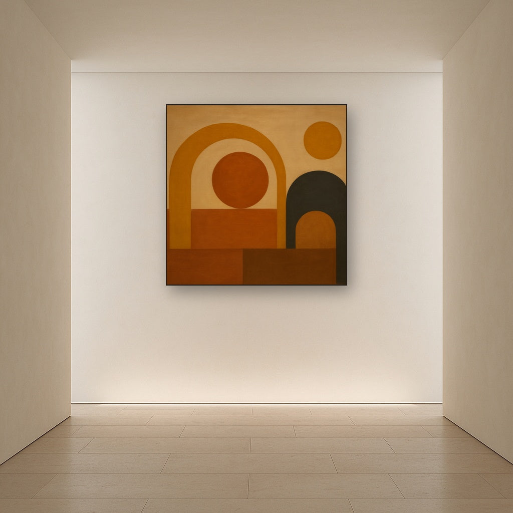 Arch & Circle Equilibrium in Warm Earth Tones No. 19 Oil Painting Staged in Bright Entryway and Hallway Gallery Wall, Hand Painted Fine Art on Linen