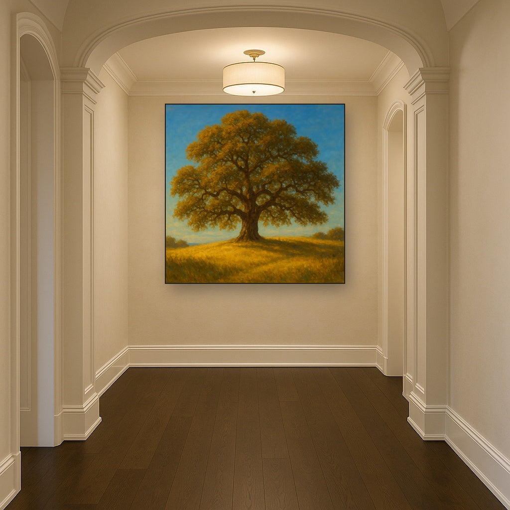 Old Oak Tree on Sunlit Meadow Ridge Fine Art Oil Painting - View 5