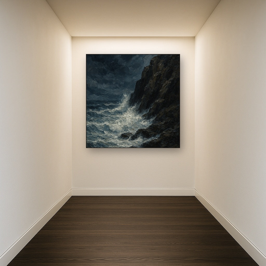 Stormy Cape Lighthouse Seascape Oil Painting - Styled in Entryway Hallway