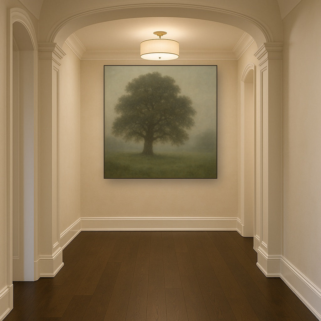 Ancient Solitary Oak in Morning Fog Oil Painting - View 5