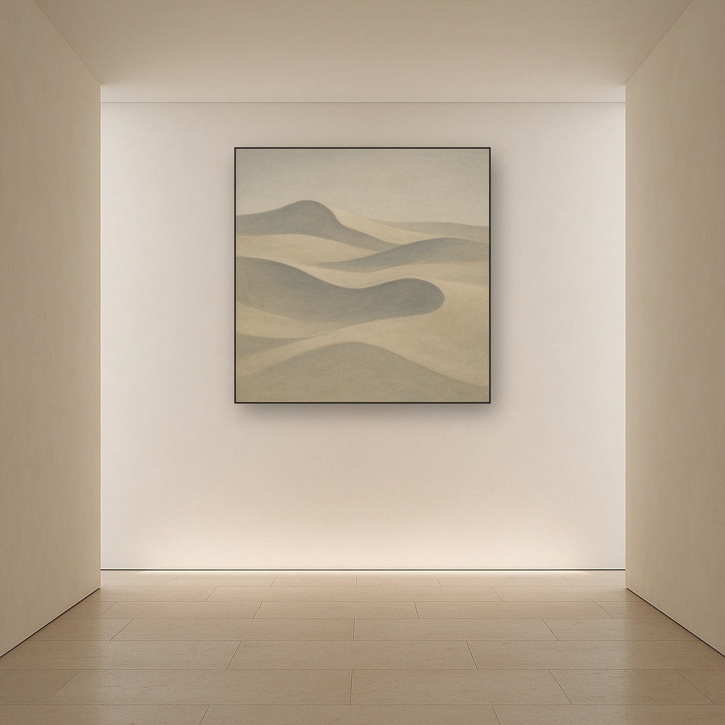 Monochrome Sand Dune Contours & Pale Slate No. 8 Oil Painting Staged in Bright Entryway and Hallway Gallery Wall, Hand Painted Fine Art on Linen