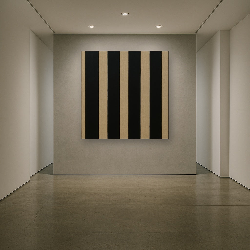 Minimalist Black Stripe & Raw Linen Rhythm No. 11 Fine Art Oil Painting - View 5