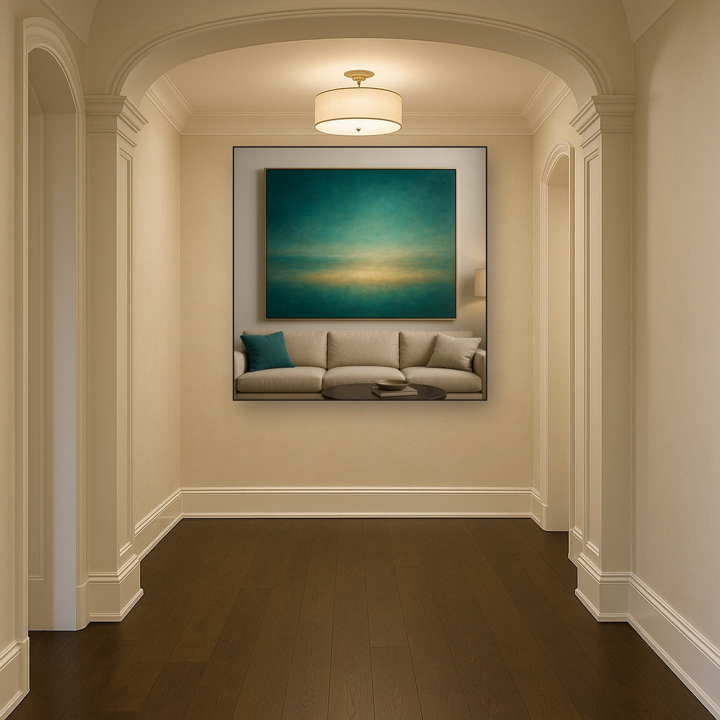Peacock Teal & Champagne Gold Horizon No. 20 Oil Painting Staged in Bright Entryway and Hallway Gallery Wall, Hand Painted Fine Art on Linen