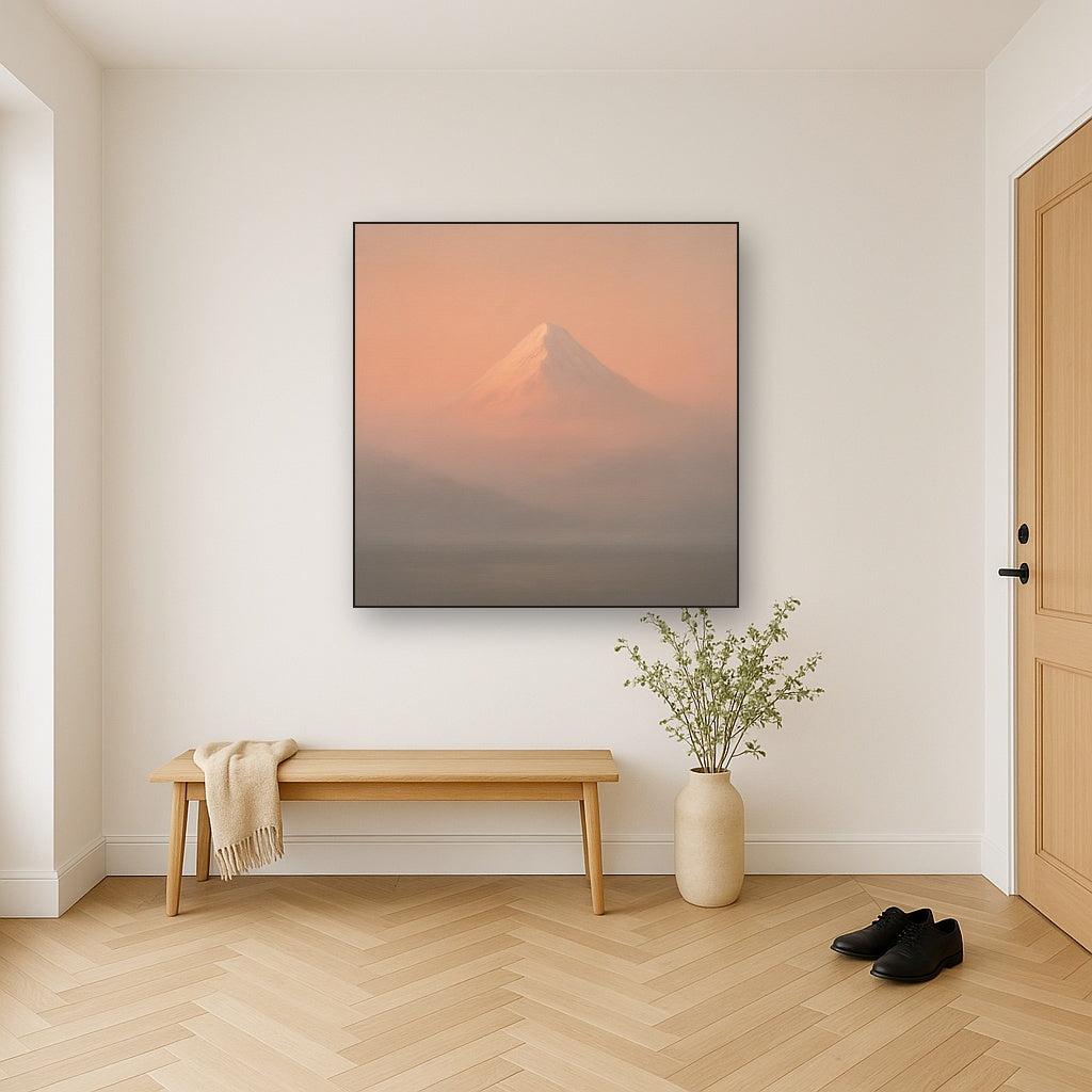 Pale Alpenglow over Distant Glacial Peak No. 24 Oil Painting Staged in Bright Entryway and Hallway Gallery Wall, Hand Painted Fine Art on Linen