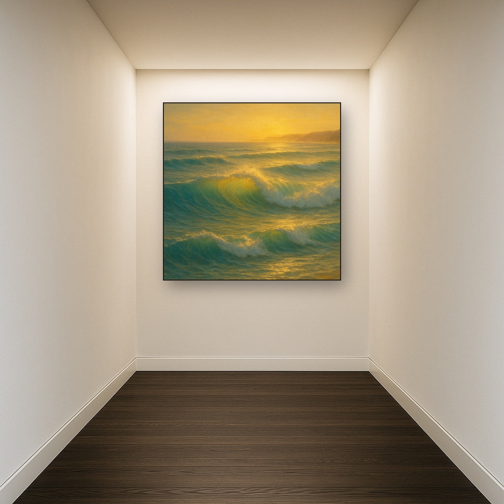Golden Hour Sunlight on Ocean Swells No. 20 Oil Painting Staged in Bright Entryway and Hallway Gallery Wall, Hand Painted Fine Art on Linen