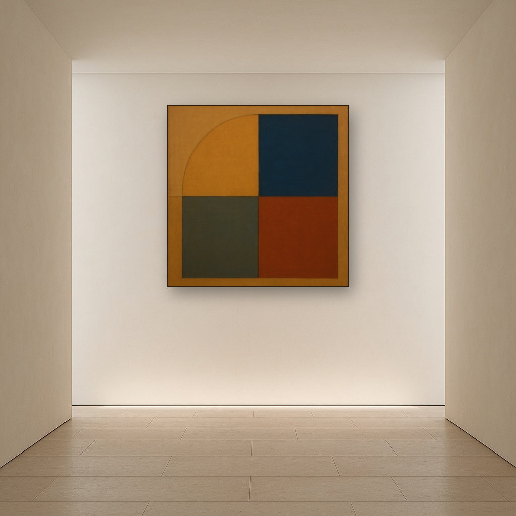 Bauhaus Quadrant Harmony in Primary Earth Tones No. 15 Oil Painting Staged in Bright Entryway and Hallway Gallery Wall, Hand Painted Fine Art on Linen