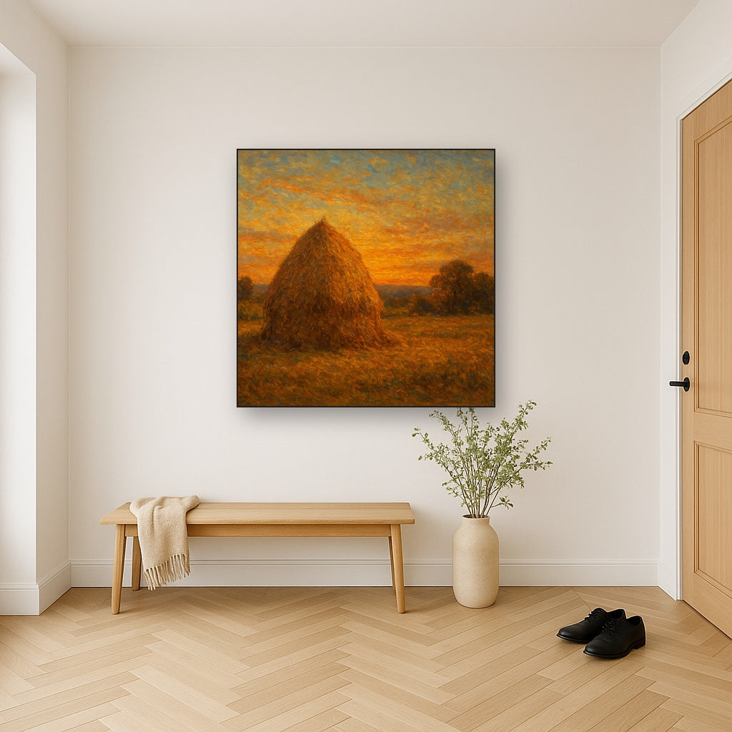Rustic Countryside Haystack at Sunset No. 5 Oil Painting - Styled in Entryway Hallway