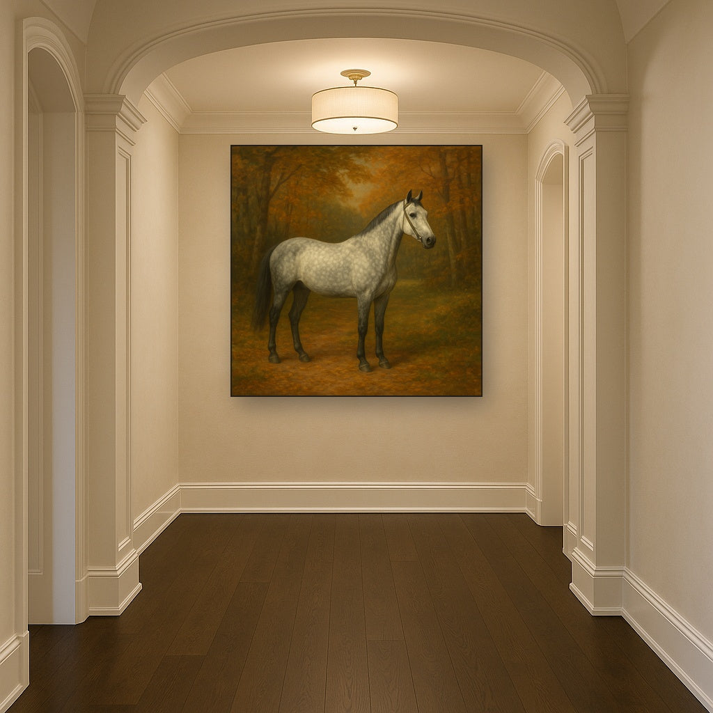Dappled Grey Hunter in Autumn Woodland No. 4 Oil Painting Staged in Bright Entryway and Hallway Gallery Wall, Hand Painted Fine Art on Linen