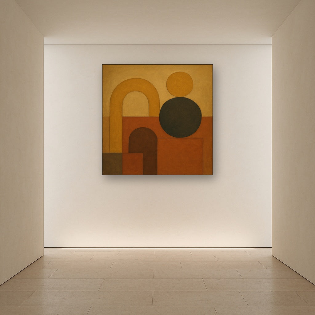 Arch & Circle Equilibrium in Warm Earth Tones No. 6 Oil Painting Staged in Bright Entryway and Hallway Gallery Wall, Hand Painted Fine Art on Linen