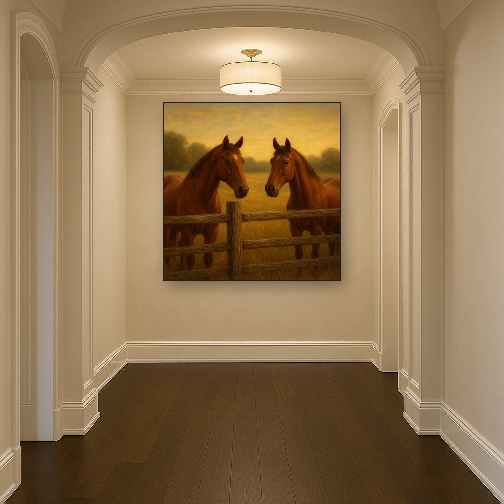 Two Horses at Rustic Post & Rail Fence No. 4 Oil Painting Staged in Bright Entryway and Hallway Gallery Wall, Hand Painted Fine Art on Linen