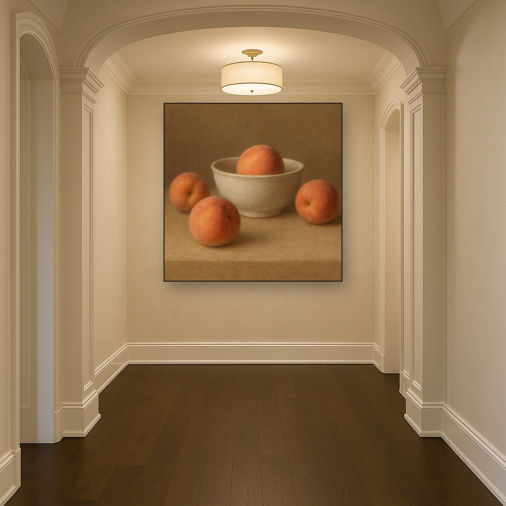 Heirloom Peaches & White Ceramic Bowl No. 8 Oil Painting Staged in Bright Entryway and Hallway Gallery Wall, Hand Painted Fine Art on Linen