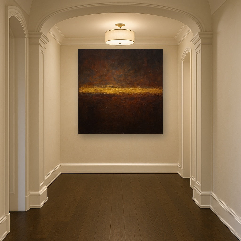 Espresso Velvet & Gilded Horizon No. 3 Oil Painting - Styled in Entryway Hallway