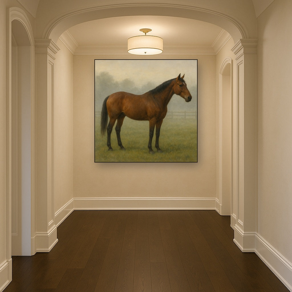 Thoroughbred in Morning Pasture Mist No. 15 Oil Painting - View 5