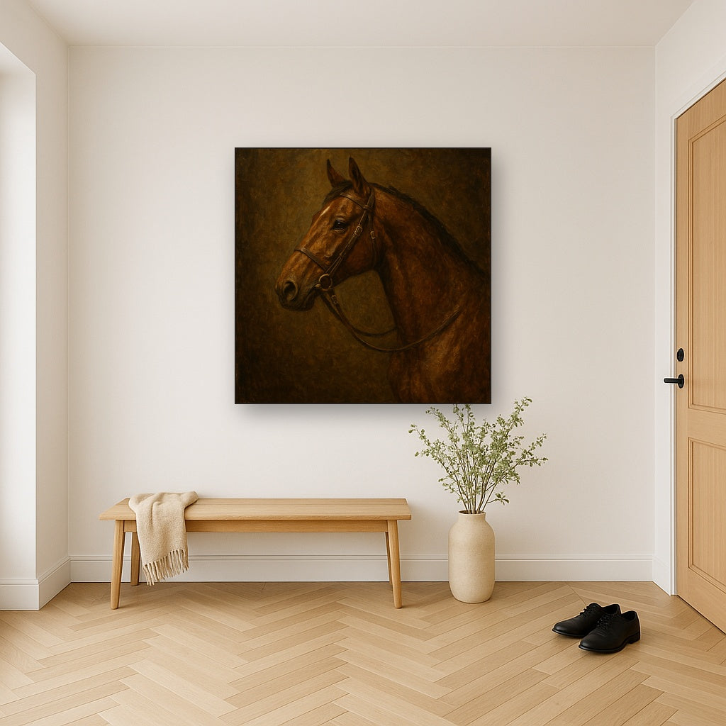 Vintage Equestrian Thoroughbred Portrait No. 3 Oil Painting - Styled in Entryway Hallway