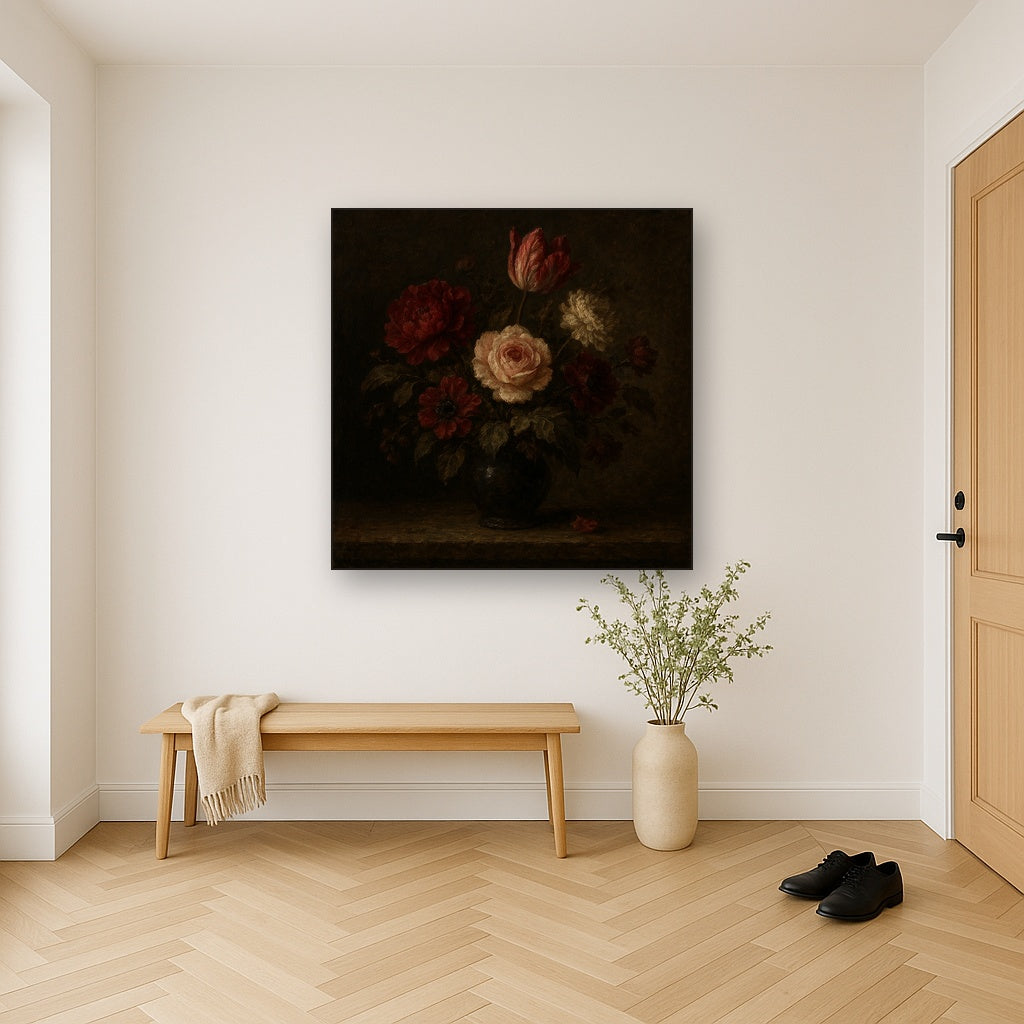 Dutch Golden Age Moody Floral Still Life No. 2 Oil Painting - Styled in Entryway Hallway