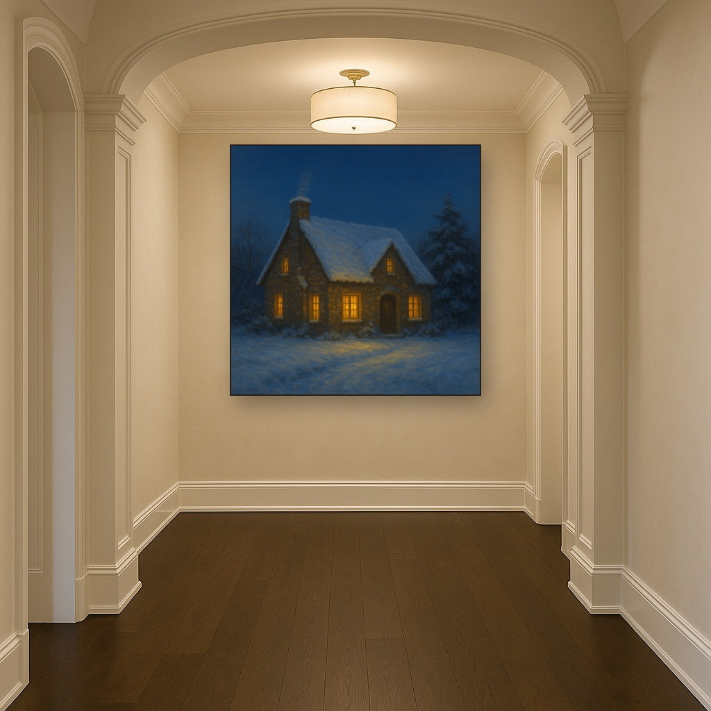 Snow-Dusted Stone Cottage at Twilight No. 8 Oil Painting - View 5
