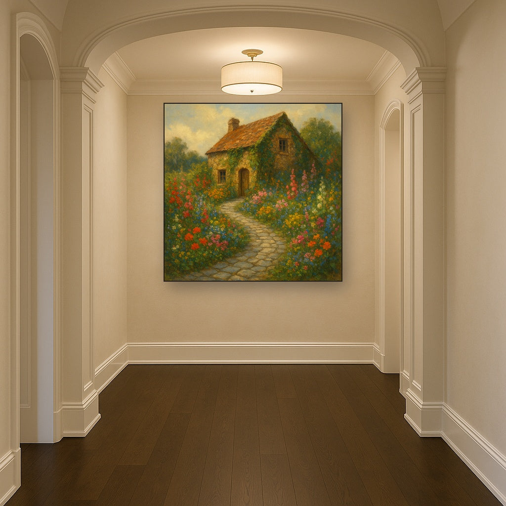 Rustic Stone Cottage Path with Wild Garden Blooms Fine Art Oil Painting - View 5