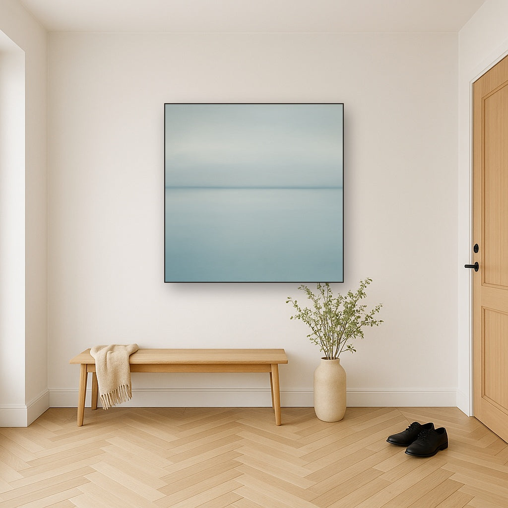 Glass Horizon over Quiet Arctic Waters No. 24 Oil Painting Staged in Bright Entryway and Hallway Gallery Wall, Hand Painted Fine Art on Linen